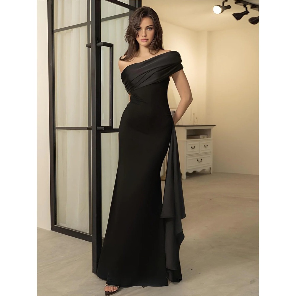 Commense Black Off Shoulder Formal Gown Draped Maxi Dress Size L